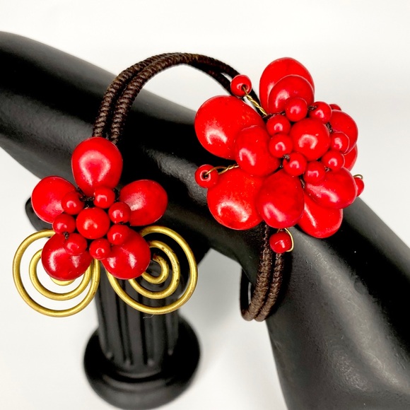 Artisan Red Flower Boho Cord Necklace & Bracelet - Picture 5 of 16